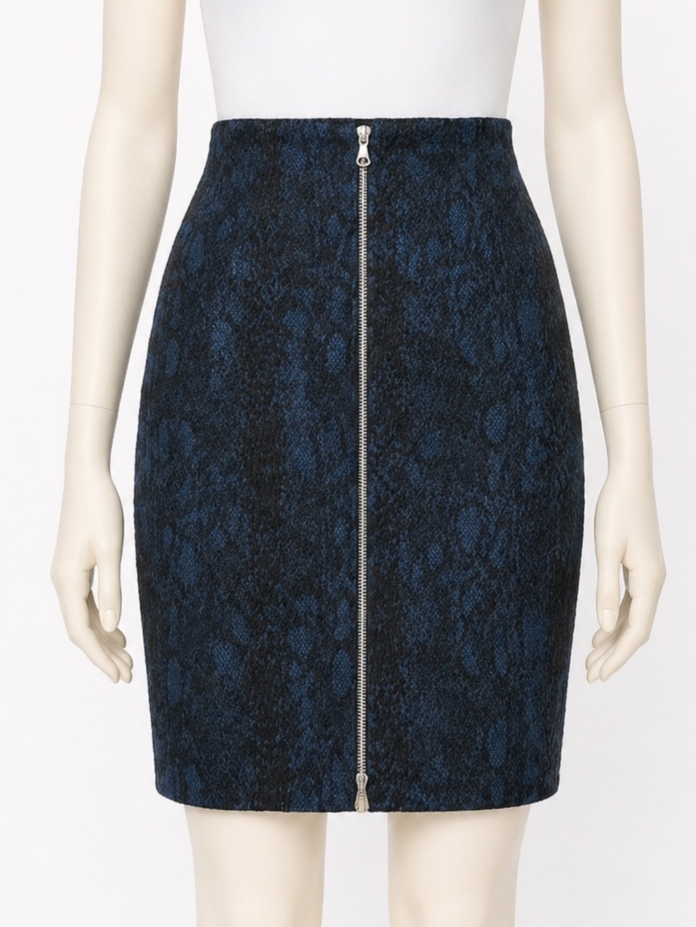Yigal Azrouel Textured Knit Pencil Skirt Front Zip Abstract Blue Black 8 M
